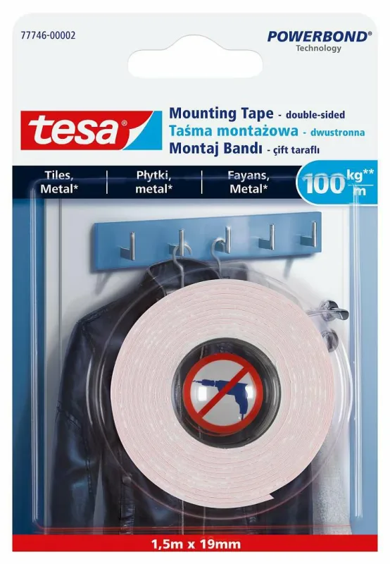 Cinta de montaje Tesa Powerbond 1,5m x 19mm para azulejos, ideal para adhesión duradera en ambientes húmedos con máxima seguridad.