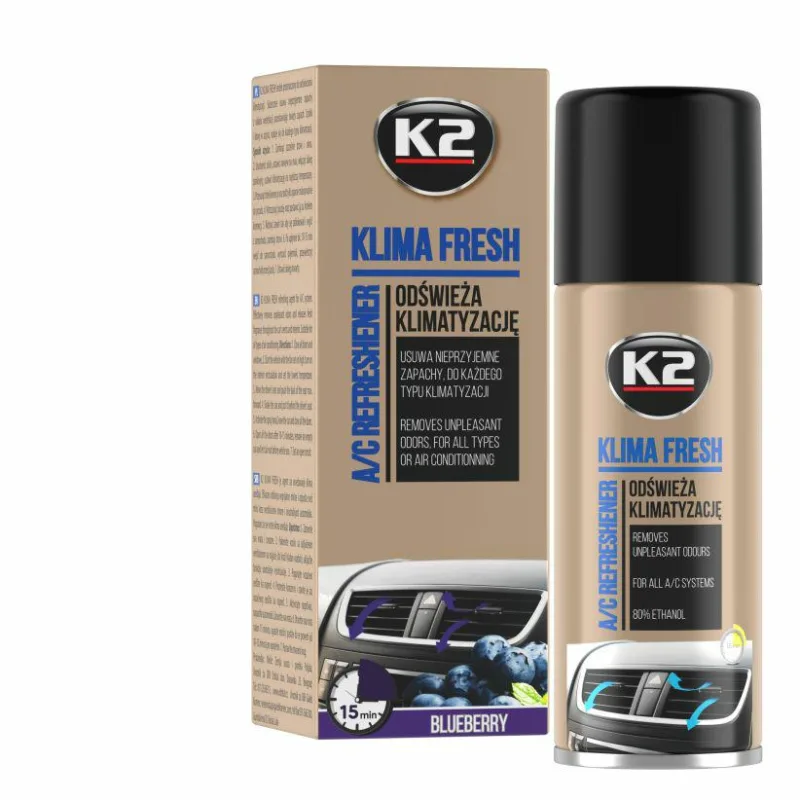 K2 Ambientador para coche, modelo Klima Fresh Blueberry 150 ml, ambientador para automóvil, fragancia a arándano fresco, elimina malos olores, fórmula duradera y eficaz.