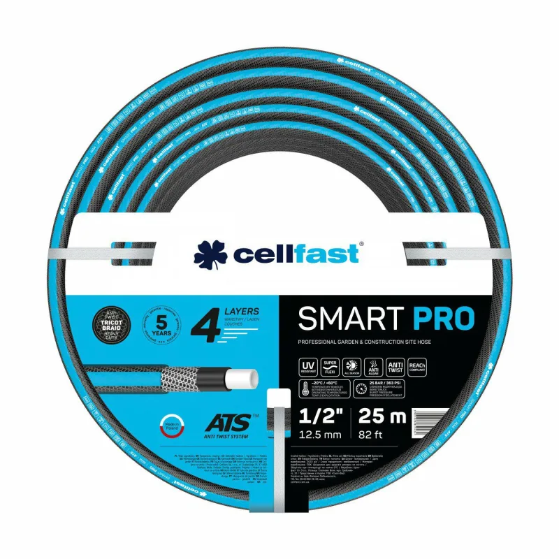 Cellfast SMART PRO ATS Manguera de Riego de Jardín 4 Capas de Tejido ATS Tricot Flexible Resistente a los Pliegues Resistente a los Rayos UV (1/2" 20 m)
