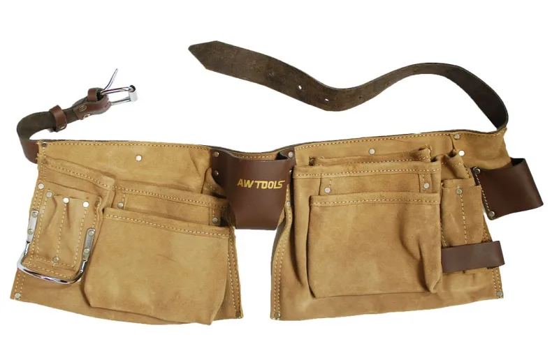 Cinturón de carpintero de cuero Awtools con 11 bolsillos, organizador profesional para herramientas manuales, resistente, ergonómico y ajustable para trabajos intensivos