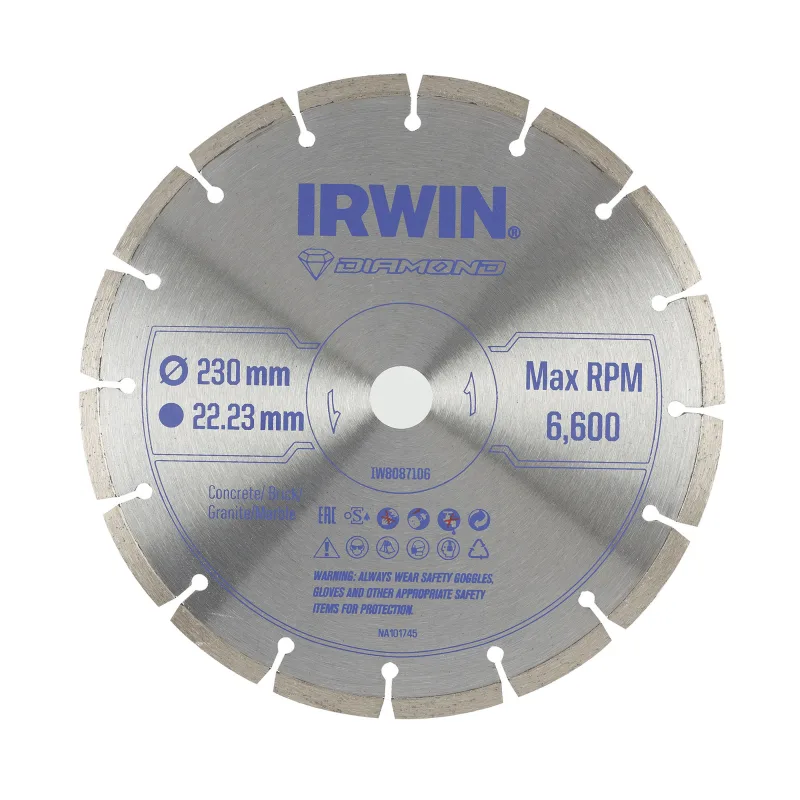 Hoja de Diamante Segmentada Irwin® IW8087106, 230 x 22,23 mm, para corte de hormigón, ladrillo, granito y mármol, compatible con amoladoras angulares, alto rendimiento y ligera