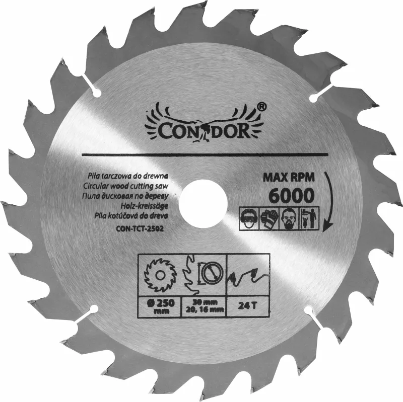 Condor Piña de Corte Widia 250 x 30 x 24 dientes, ideal para cortes precisos en madera y metal, alta resistencia al desgaste, rendimiento profesional para trabajos industriales