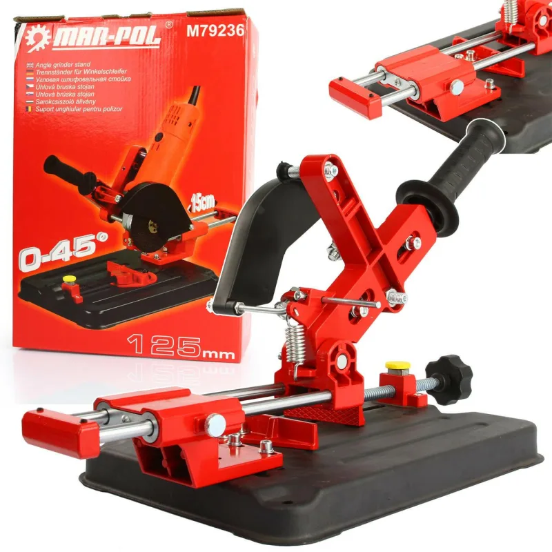 Soporte para amoladora angular de 125 mm con guía deslizante, base estable, estructura metálica resistente, ideal para corte preciso en taller o bricolaje - MAR-POL