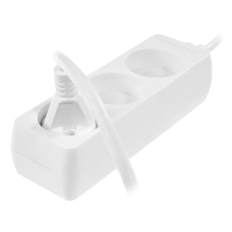 Extensión doméstica blanca Awtools, modelo 3-gniazdos 1,5m, ideal para uso en casa, sin conexión a tierra, 3 tomas, cable resistente y diseño compacto para comodidad y seguridad.