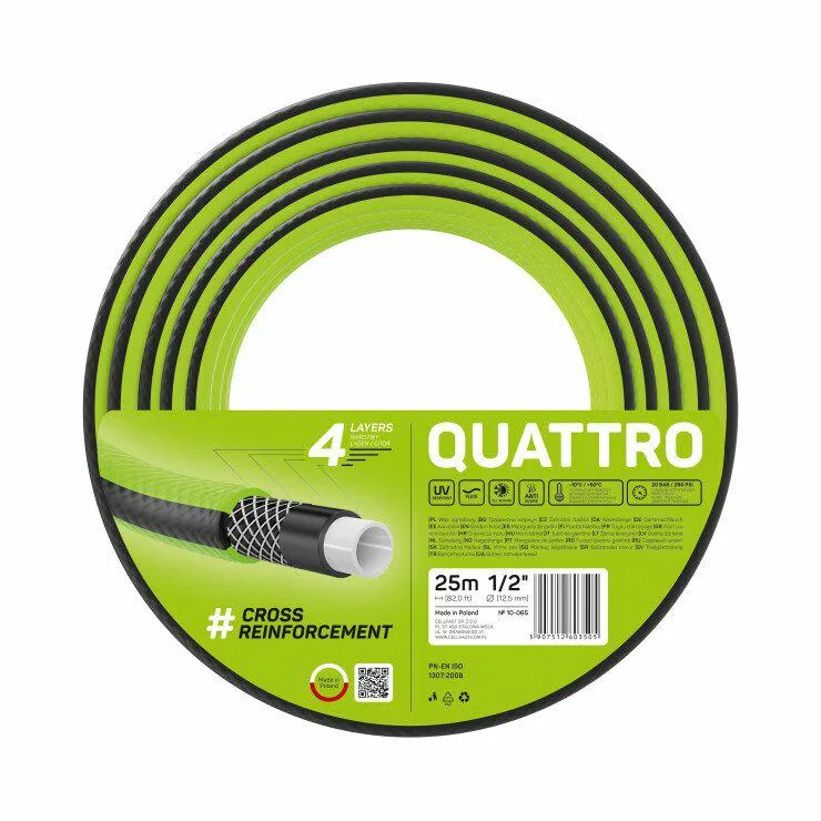Manguera de Jardín Quattro 3/4" 65m Resistente y Flexible, 4 Capas, Ideal para Uso Profesional y Doméstico