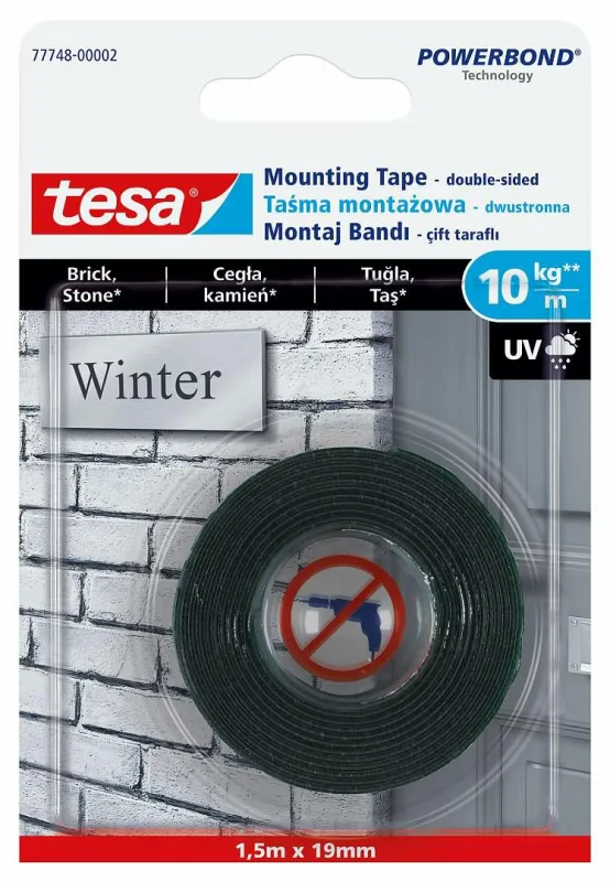 Cinta de montaje Tesa para exteriores 1,5m x 19mm, ideal para fijaciones duraderas y resistentes a la intemperie con máxima seguridad.