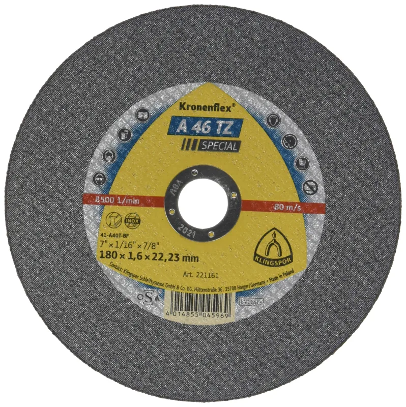 Klingspor 221161 Kronenfle A 46 TZ Disco de Corte Inox para el Corte Manual, 180 mm x 1.6 mm x 22.23 mm