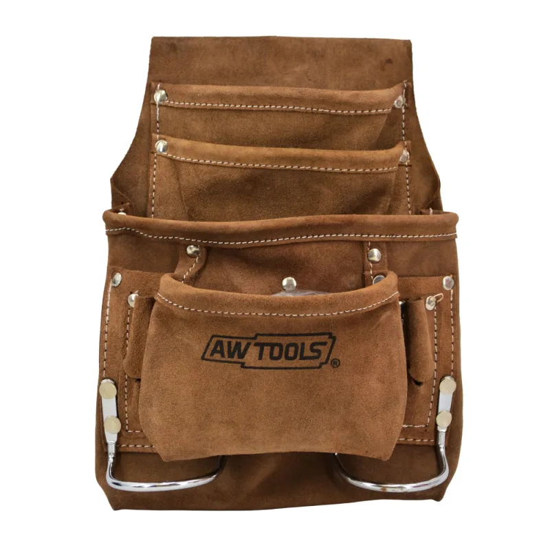 Bolsa portaherramientas de cuero Awtools con 10 compartimentos, diseño resistente, ideal para almacenamiento de herramientas manuales, perfecta para uso profesional