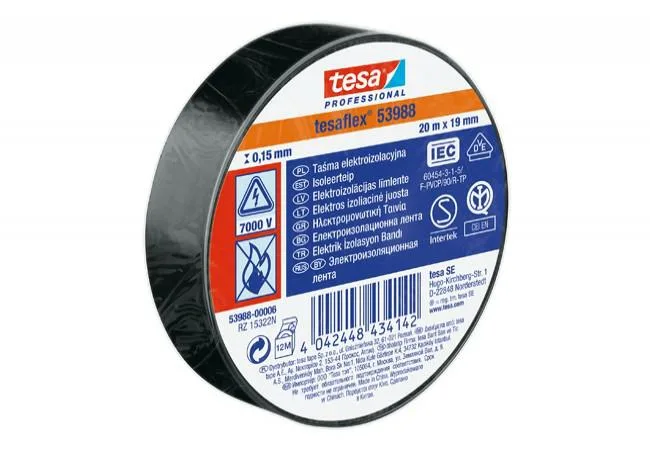 Cinta aislante de PVC Tesa negra 19mm x 20m, ideal para protección en instalaciones eléctricas con resistencia hasta 5000V.