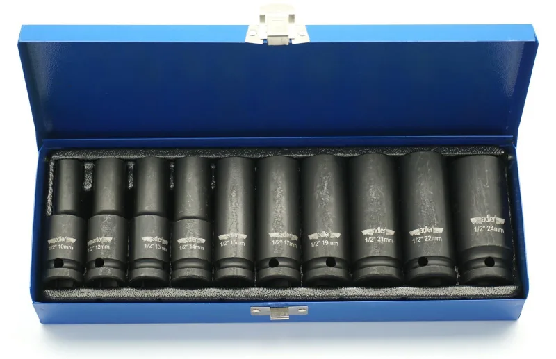 Adler Juego de dados largos de impacto 1/2" 10 piezas con estuche metálico, herramienta profesional para ensamblaje y mantenimiento, diseño reforzado, recubrimiento protector, alta resistencia, color metálico.