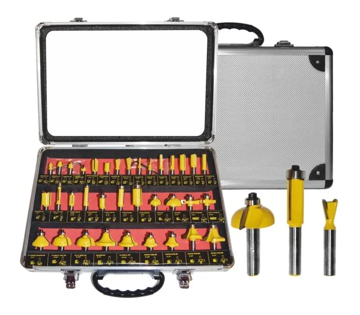 Juego de fresas para madera Awtools, modelo 35 piezas, uso profesional, vástago 8 mm, múltiples perfiles de corte, con estuche rígido, garantía de 3 años.