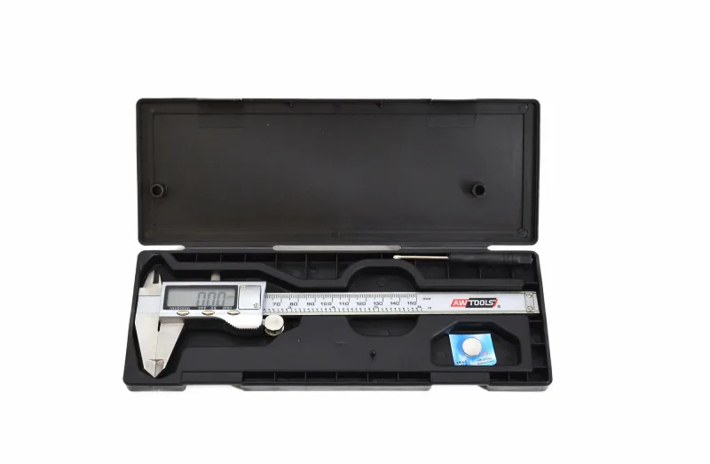 Calibrador electrónico Awtools 150 mm, modelo digital, precisión de 0,01 mm, herramienta de medición de alta exactitud, ideal para trabajos de precisión en construcción y mecánica.