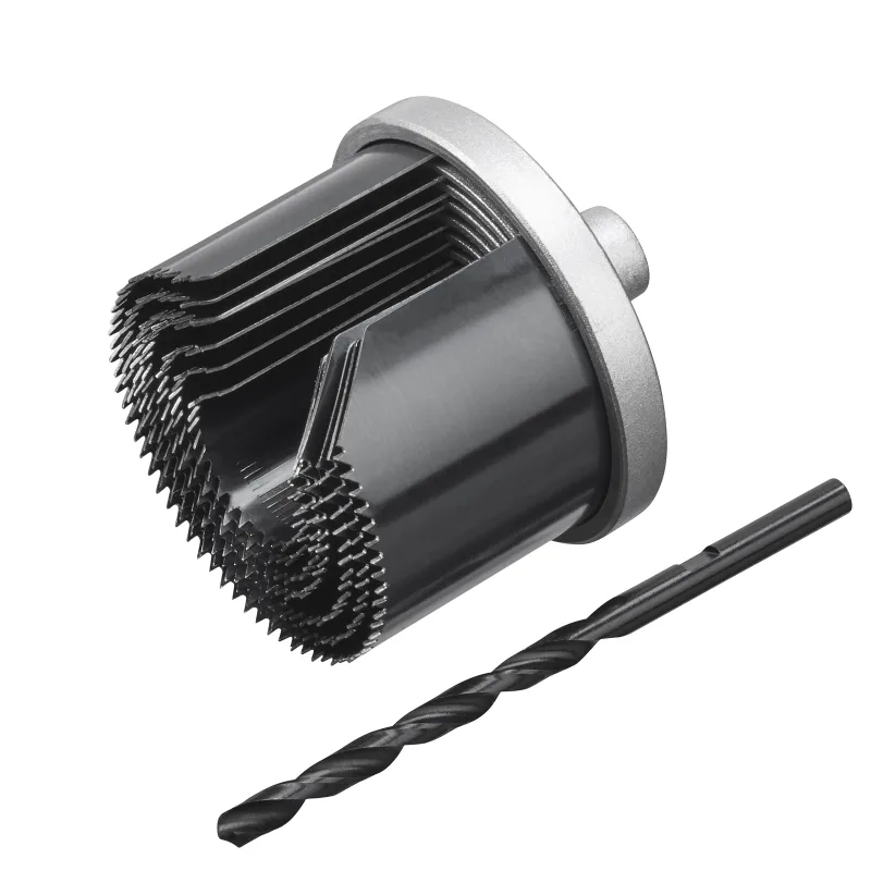 Juego de 7 sierras de corona IRWIN para madera y yeso, 26-64 mm, profundidad de corte de 42 mm, incluye adaptador de aluminio y broca central, compatible con taladros comunes.