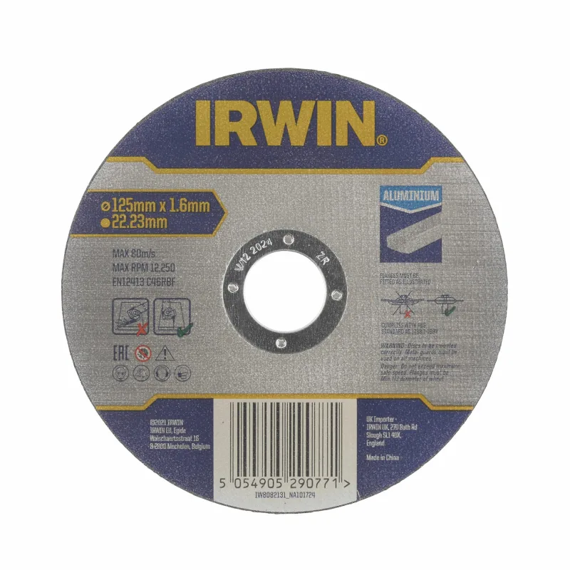 Disco cortante Irwin 125 mm, para cortar aluminio, 22,23 mm de orificio, preciso y duradero, ideal para herramientas eléctricas, peso de 42,94 g, alto rendimiento.