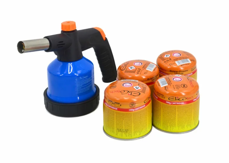 Soplete de gas ELICO con encendido piezoeléctrico, incluye cartucho de gas de 190 g y 4 recambios, temperatura máxima de 1300°C, llama regulable, diseño ergonómico, ideal para diversas aplicaciones.