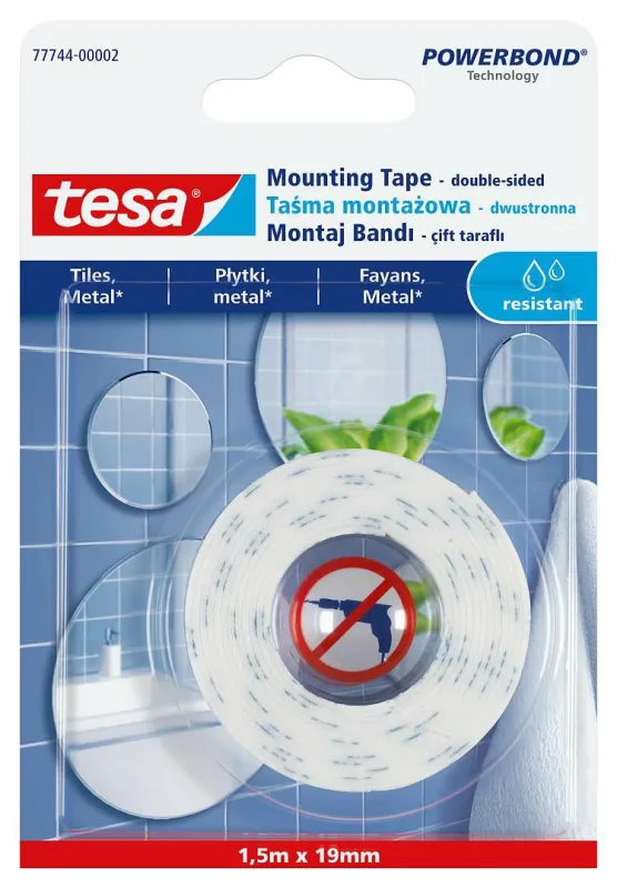 Cinta de montaje Tesa Powerbond 1,5m x 19mm resistente al agua, ideal para adhesión duradera en ambientes húmedos y exteriores.