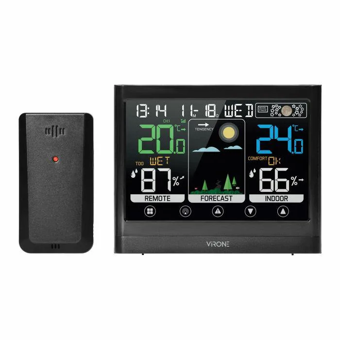 Orno, modelo WS-5, Estación meteorológica inalámbrica, temperatura y humedad, pantalla LCD, color negro, diseño compacto y moderno, ideal para el hogar