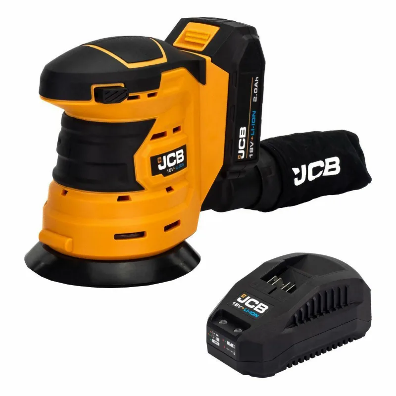 Lijadora excéntrica a batería JCB 18 V, herramienta para madera y metal, velocidad de hasta 10,000 rpm, disco de 125 mm, sistema de extracción de polvo, batería 2.0 Ah.