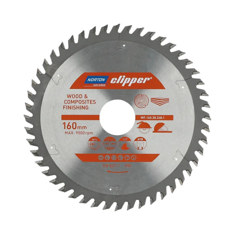 Sierra Circular Norton 160mm x 30/16mm x 48z, corte longitudinal y transversal, para madera y compuestos, alta durabilidad, geometría ATB, 9500 rpm
