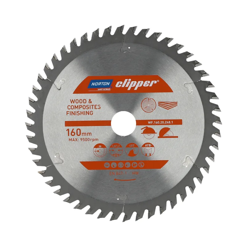 Sierra Circular Norton 160mm x 20mm x 48z (1,8 / 1,2), corte transversal, para madera y compuestos, dientes de carburo, geometría ATB, alta durabilidad, 9500 rpm