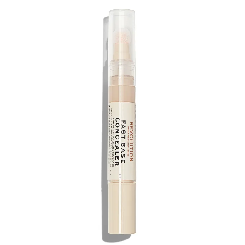 Corrector de Ojeras Makeup Revolution Fast Base Concealer, cobertura media y construible, tono C3 para piel clara, vegano y cruelty-free, 4.5 ml