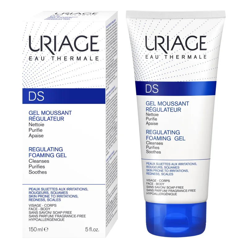 Uriage Ds Gel Espumoso Regulador - Gel Limpiador Facial y Corporal Extra-Suave - Purifica y calma la piel propensa a las irritaciones, enrojecimiento y escamas