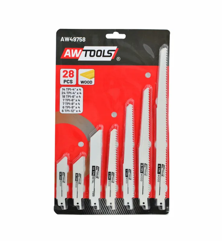 Awtools, Set de sierras para sierra recíproca 28 piezas, para cortes rápidos y precisos en madera, metal y plásticos, alta durabilidad, ideal para trabajos exigentes