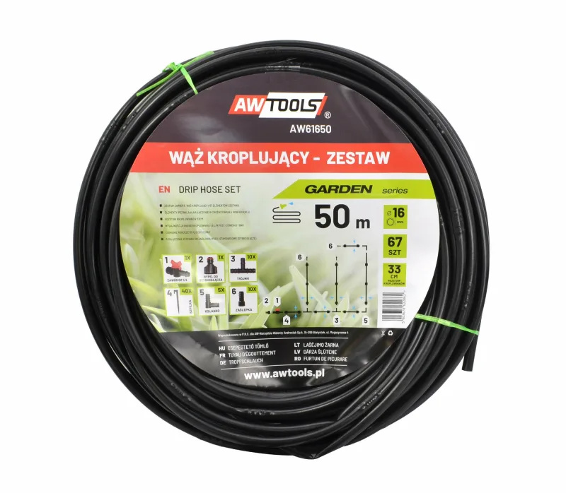 Manguera de riego por goteo, Aw, modelo Zestaw 50m, ideal para riego eficiente en jardines, agricultura y huertos, alta durabilidad y fácil instalación, color negro