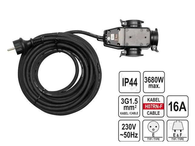 YATO YT-81162-3 maneras cable de extensión de la protección de caucho/negro / 3-enchufes con toma de tierra 20m