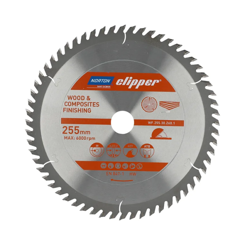 Sierra Circular Norton 250mm x 30mm x 60T (3,2 / 2,2), corte longitudinal y transversal, para madera y compuestos, geometría ATB, dientes de carburo, alta durabilidad, 6000 rpm