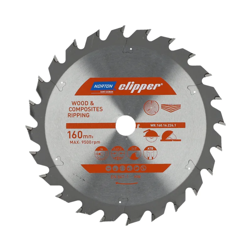 Sierra circular Norton, modelo 160 mm x 16 mm x 24 dientes (2,6 / 1,6) , para madera y materiales compuestos, geometría ATB, 9500 rpm, corte transversal y liso, alta precisión