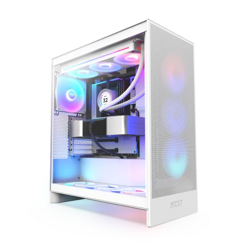 NZXT H7 Flow RGB | Semitorre ATX Flujo de Aire con Ventiladores RGB | Admite Ventiladores Inferiores para gráfica | con Unidad de Ventiladores con Marco Simple 360 mm | Blanco