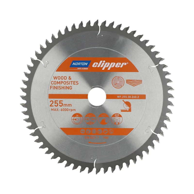 Sierra Circular Norton Clipper 255mm x 30mm x 60T, corte transversal y longitudinal, para madera y compuestos, geometría ATB, dientes de carburo, 6000 rpm
