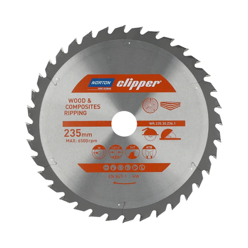 Hoja de sierra Norton Clipper 235 mm (2,8 / 1,8), corte para madera y materiales compuestos, 36 dientes, carburo TCT, 6500 rpm, sierra circular y de mesa, tipo de corte transversal