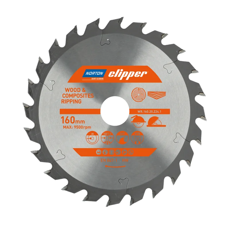 Disco de corte Norton, modelo 160 mm x 20 mm x 24 dientes (1,8 / 1,2) , para madera y materiales compuestos, geometría ATB, 9500 rpm, corte transversal y liso, alta precisión