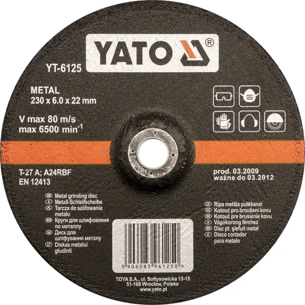 YATO, modelo YT-6124, Disco abrasivo de metal 125x6.0x22mm, ideal para corte y desbaste de metal, alta resistencia y durabilidad, herramienta profesional para amoladora angular