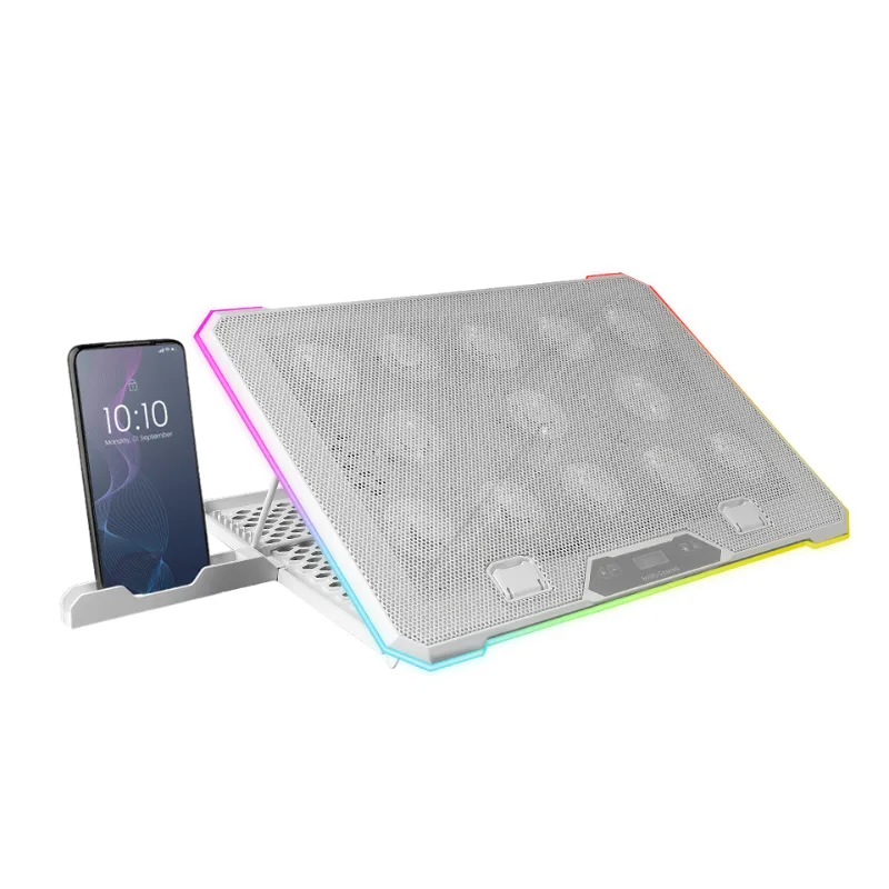 Mars Gaming MNBC13, Base Refrigeradora y Stand para Portátiles hasta 17”, Iluminación ARGB 10 Modos, 13x Ventiladores con LED Blanco, Regulable 8 Posiciones, Pantalla LCD, Soporte Smartphone, Blanco