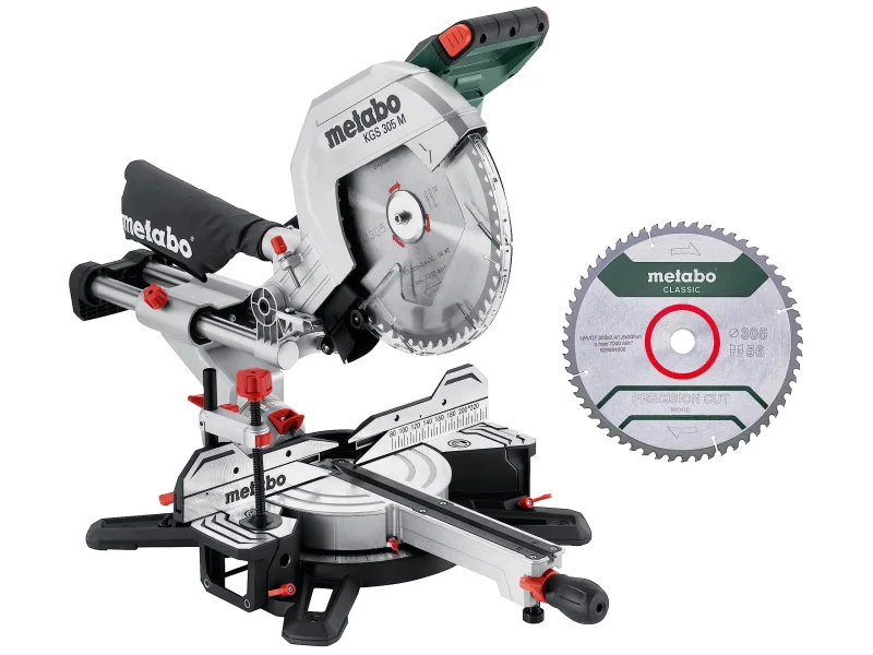 Metabo KGS 305 M 613305900 - Set de sierra ingletadora y tronzadora con Precision Cut Line, 305 mm, 2ª hoja de sierra de carburo y función de tracción, cable de 2 m
