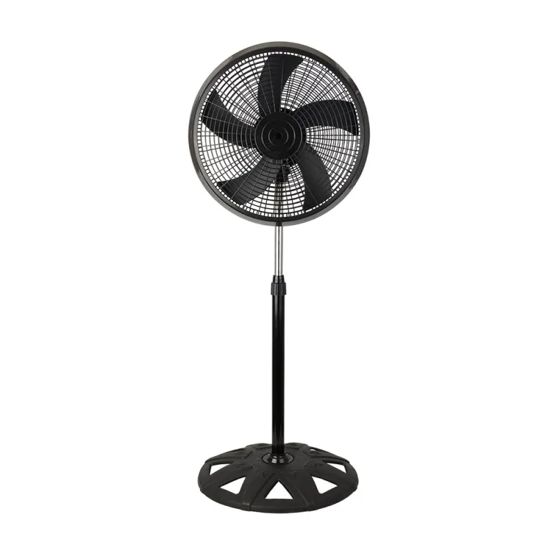 Ventilador de pie, Agudo, negro 65W con 5 aspas, 3 velocidades, sistema oscilante y rotatorio, diseño funcional para ventilación potente en hogar u oficina, color negro