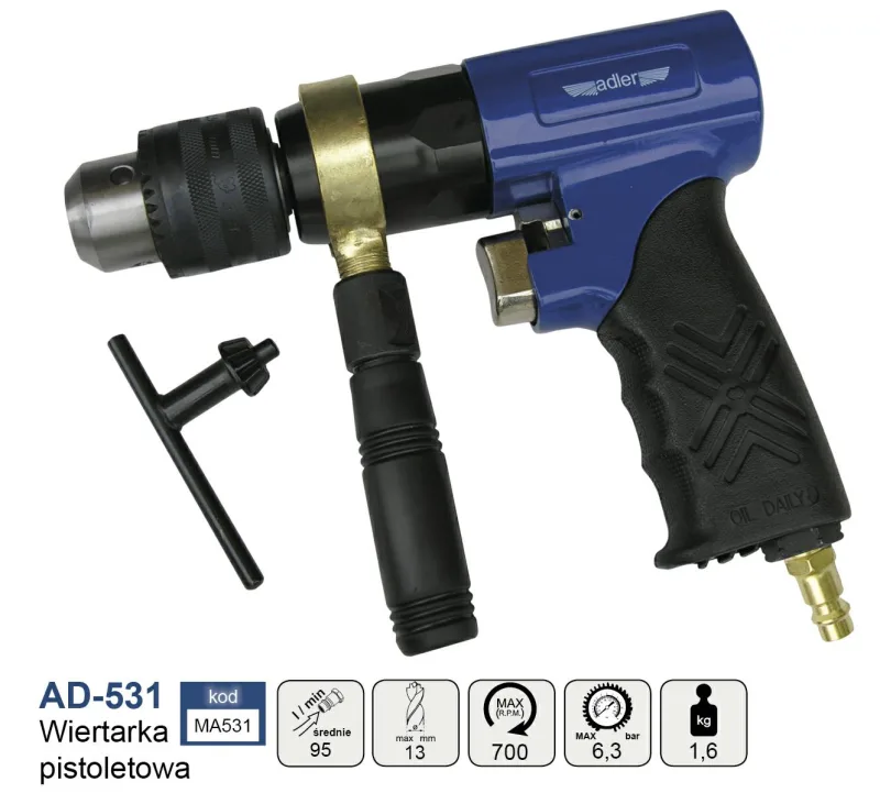 Adler Taladro neumático de pistola AD-531, herramienta de alto rendimiento para perforación, diseño ergonómico, alta resistencia, compatibilidad neumática, máxima eficiencia, color metálico