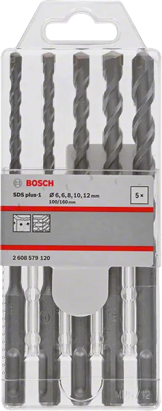 Bosch Wiertło SDS Plus-1 Kpl. 6/6/8/10/12, Juego de Brocas para Perforación en Concreto, Metal y Madera, Alta Precisión y Durabilidad, Compatible con Herramientas Bosch
