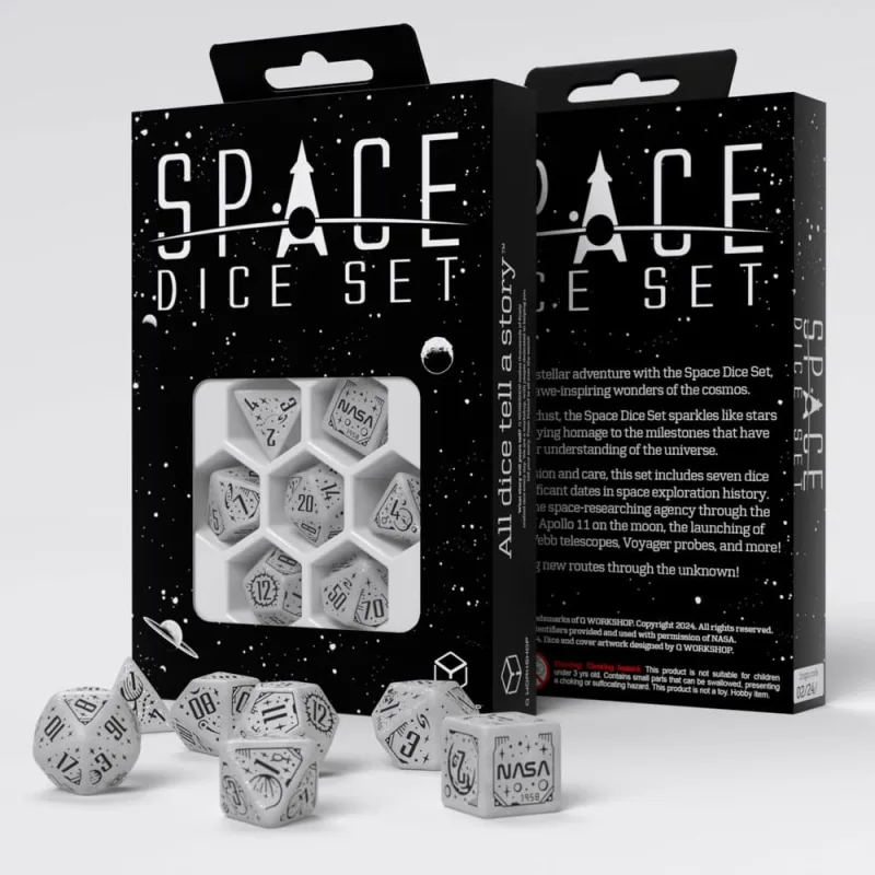 Q-Workshop - Juego de dados espaciales Apollo RPG inspirados en Apollo de la NASA, blanco brillante con grabados negros, perfecto para juegos de mesa y juegos de rol, 7 dados poliédricos (D4, D6, D8,