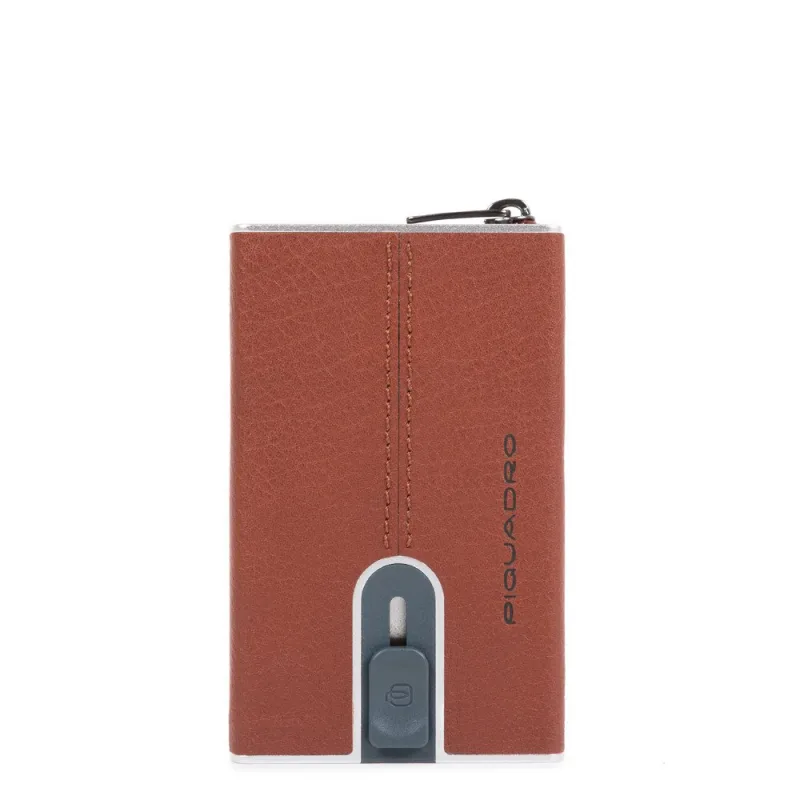 Portatarjetas Piquadro Black Square, Cuero de Alta Calidad, Sistema Deslizante Cuadrado, Unisex, Color Marrón, Ideal para Organizar Tarjetas de Forma Compacta