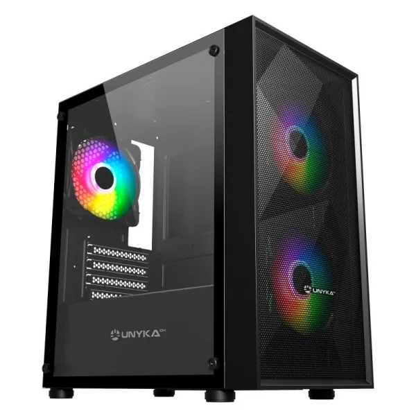 Unykach mir b200 caja gaming micro atx, mini itx - lateral de vidrio templado - 3.5", 2.5" - usb-a 2.0, 3.0 y audio - 3 ventiladores 120mm argb instalados - soporta refrigeracion liquida