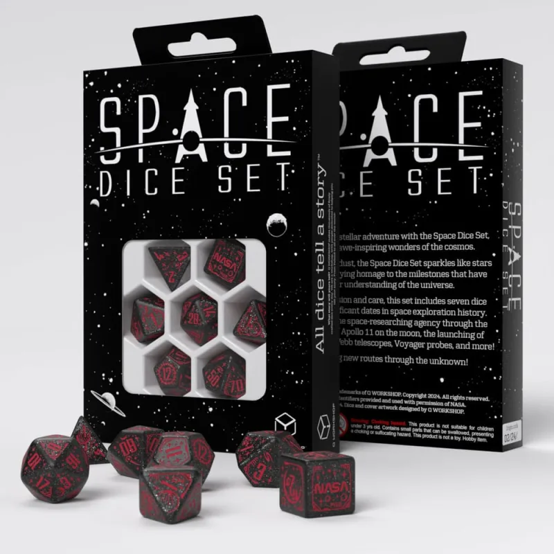 Q-Workshop - Juego de dados espaciales Voyager RPG - Negro brillante con grabados rojos - Ideal para juegos de mesa y juegos de rol - 7 dados poliédricos - (D4, D6, D8, 2D10, D12, D20)