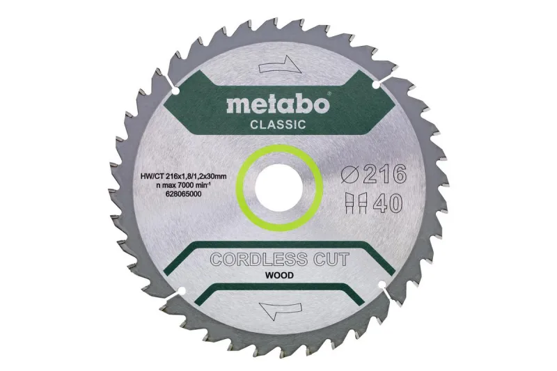 METABO 628065000 - Hoja de sierra Cordless Cut Classic 216x30 mm dientes 40 WZ 5°