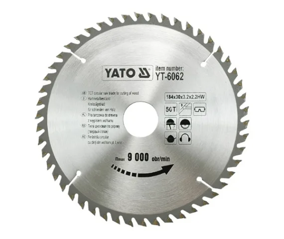 YATO, modelo YT-6062, Hoja de sierra circular de 18,4 cm, 1 pieza, ideal para cortes precisos en madera, metal y plástico, alta durabilidad, herramienta profesional