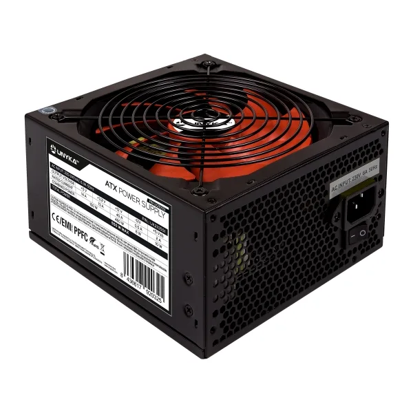 UNYKAch Fuente de Alimentación ATX 2.31 550W PPFC, Ventilador 140 mm FDB Rojo, Cable Plano, 5×SATA, conmutador ON/Off