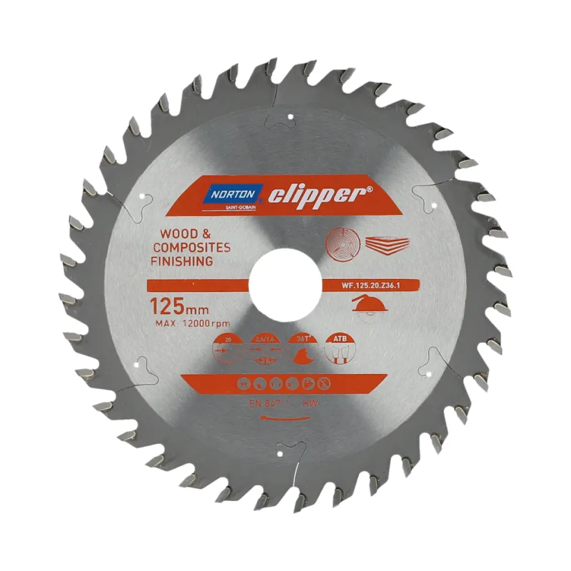 Sierra circular Norton 125 mm, corte transversal y suave para madera y materiales compuestos, 36 dientes, carburo cementado (HM), 12000 rpm, diámetro 20 mm