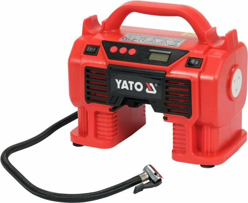 Yato YT-23248, Compresor de aire de 60 W, 21 l/min, 12 V, batería, ideal para coches, presión máxima 11 bar, color negro y rojo.